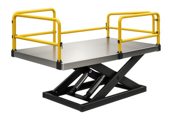 Hydraulic lift table with foldable side rails for secure transport in distribution centers.