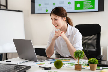 Businesswoman working on Save the Earth. ESG concept. Sustainable ecology and environment...
