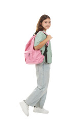 Fototapeta premium Teenage girl with backpack on white background