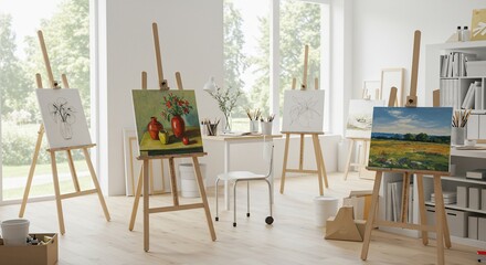Bright art studio filled with easels displaying various paintings and sketches