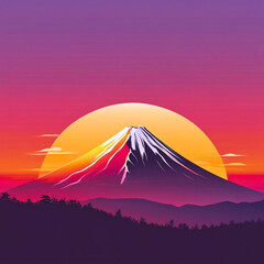 Majestic mount fuji silhouette against a vibrant sunset sky with a large golden sun