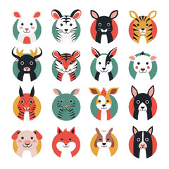 Naklejka premium Collection of cute cartoon animal faces featuring rabbits tigers dog fox and bull