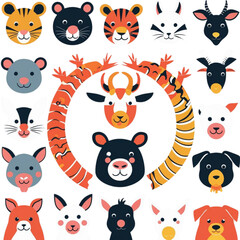Fototapeta premium Collection of cute cartoon animal faces featuring tigers rabbits goats dogs and bears