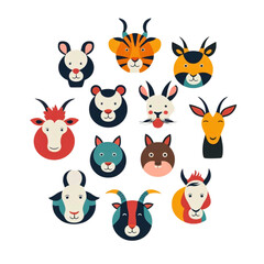 Fototapeta premium Collection of cute cartoon animal faces including goats tigers and rabbits