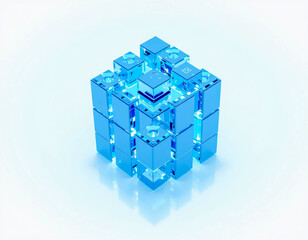 Blue transparent digital cube structure on white background, abstract 3D technology object