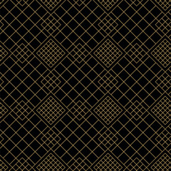 Fototapeta premium Geometric vector seamless pattern with crossed lines, triangles, squares abstract background. Simple minimalistic black and gold design. Single color, black and gold.