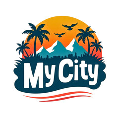 Vibrant cityscape with palm trees and mountains at sunset
