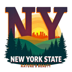 New york state graphic with city skyline and forest landscape at sunset