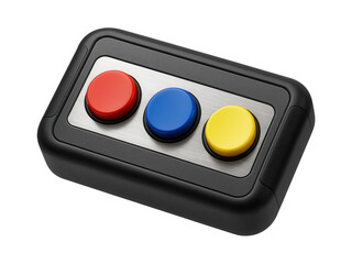 Control unit with multi-colored, programmable buttons for customizable operations in a robotics lab.