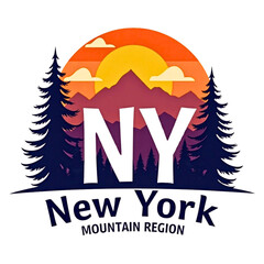 New york mountain region landscape with sunset and pine trees