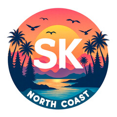 Vibrant sunset over a coastal landscape with palm trees and mountains featuring sk north coast logo