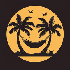 Silhouette of a hammock strung between two palm trees against a large orange circle with birds flying