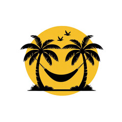 Tropical paradise scene with two palm trees and a hammock under a bright yellow sun