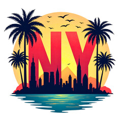 New york city skyline with palm trees and a vibrant sunset