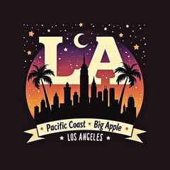 Los angeles skyline silhouette with palm trees and crescent moon under a starry sky