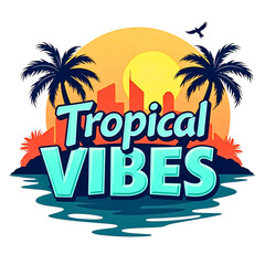 Retro tropical vibes cityscape with palm trees and sunset over water