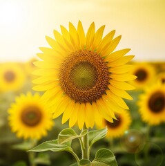 Obraz premium Beautiful Golden Sunflower Blooming in a Field under Warm Afternoon Sunlight