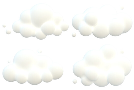 3D white fluffy cartoon clouds set illustration with transparent background.