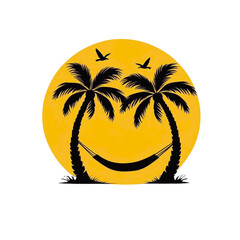 Palm trees and hammock form a smiley face within a bright yellow sun