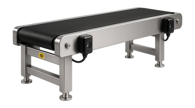 Flat belt conveyor with photoelectric sensors for automated packaging in a beverage bottling plant