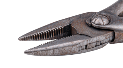 Close-up of pliers jaws with serrated gripping surface isolated on a Transparent background, PNG file.