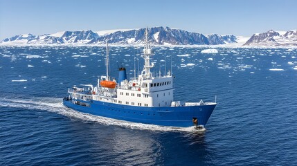 Blue ship sails through icy water with snowy mountains in the background.