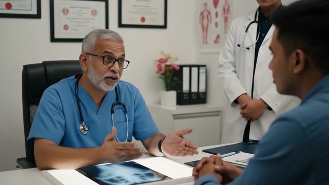 Doctor consulting patient in office. Suitable for healthcare, medical, diversity, professionals, consultation, Indian culture, and office settings visuals.