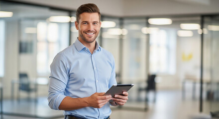 Portrait of a cheerful corporate leader standing in a bright office and holding tablet, showcasing professionalism and approachability.