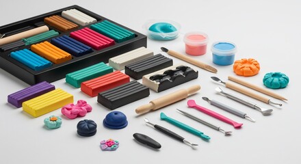 Colorful clay bars with sculpting tools and finished clay figures on white background