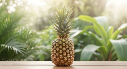 Fototapeta premium Fresh pineapple on wooden table with tropical greenery in background