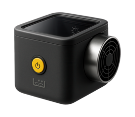 Compact sterilizer with a single-button operation and cooling fan for sterilizing reusable face masks in clinics.