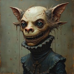 Highly detailed digital painting of a grotesque goblin-like creature with exaggerated large ears, wide unsettling grin, and bulging eyes. The character is dressed in a vintage Victorian-style clown