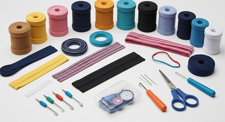 Naklejka premium Colorful Elastic Spools and Sewing Accessories Arranged on White Background