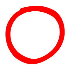Hand drawn red marker circle isolated on a transparent background. Thick brush stroke round shape.