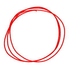 Hand drawn red marker circle scribble isolated on a transparent background. Thin brush stroke round...