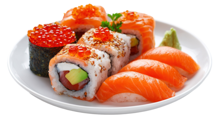 Set of sushi and maki with soy sauce over blue stone background. Top view with copy space