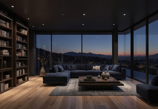 Modern dark living room features large sectional sofa, wood floors, and floor-to-ceiling windows overlooking cityscape at dusk. Built-in bookshelves complement the luxurious interior design.