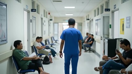 India doctor in hospital corridor, blue person indoors. Suitable for medical, healthcare, hospital themed designs, showcasing diverse medical professionals. - Powered by Adobe