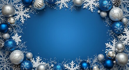 Festive winter background with snowflakes and ornaments framing a blue central space, ideal for holiday greetings or seasonal messages.