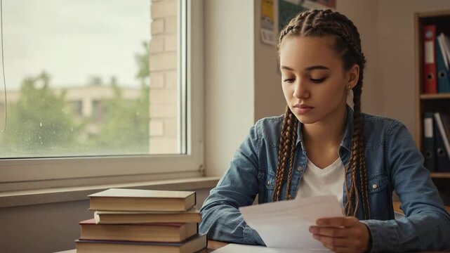 Pensive teenage girl student with braids holding a paper and looking out the window. Thoughtful young woman distracted from studying in a classroom. Education and contemplation concept.