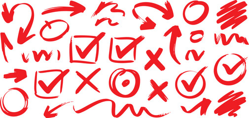 Red Arrows, Check Marks, Cross Marks, Circles, and Scribbles: Hand Drawn Red Marker Elements for Marking, Correcting, and Highlighting