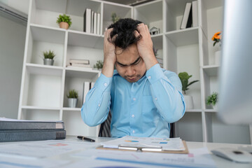 Tired professional overwhelmed by hard work office stress management content workspace close-up...