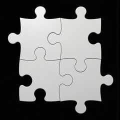 Obraz premium Four white puzzle pieces connect forming square shape against black background. Minimalist composition represents business solutions, problem-solving, teamwork, achieving goals through collaboration,
