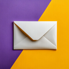 White Paper Envelope with Yellow Sticker on purple and yellow Background