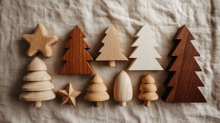 Assorted handcrafted wooden Christmas trees and stars arranged on linen background ideal for cozy seasonal visuals, eco-friendly holiday decor and minimalist festive design