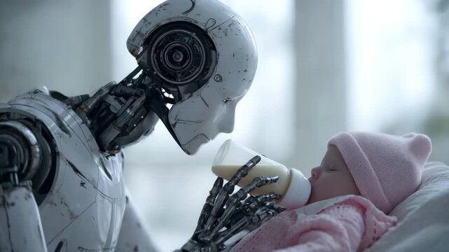 Futuristic robot gently feeds human baby with milk bottle. Robo-nanny care about child, relationship between technology and nurturing. Innovation, companionship. AI, parenting, futuristic concept.
