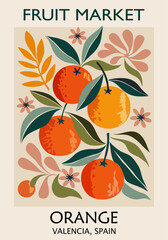 Retro Fruit Market poster in Mid century modern style with Orange fruits from Valencia, Spain. Colorful flat vector art illustration