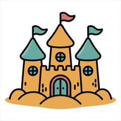 Cute Cartoon Sandcastle with Blue Roofs and Flags