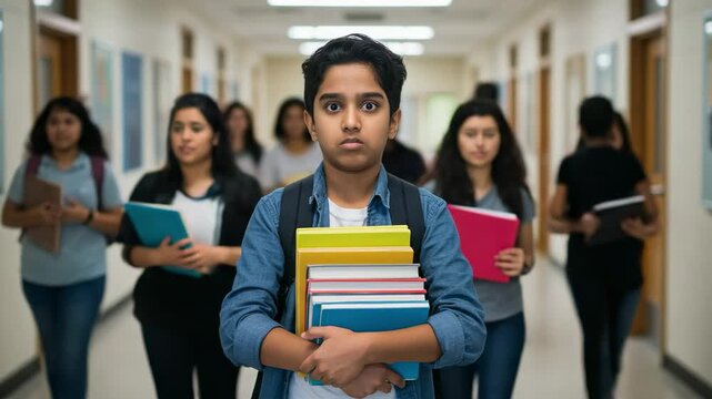 Worried Indian teenage boy holding books stands in a busy school hallway. Anxious student feeling overwhelmed by academic pressure and stress.