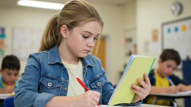Focused preteen girl student writing in a notebook during class. Young caucasian female child studying at her desk in an elementary school classroom.